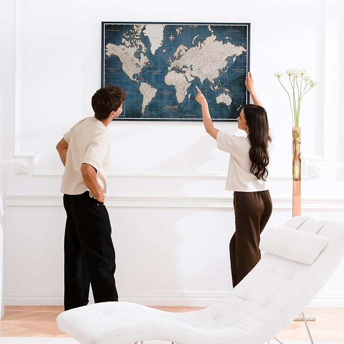 Canvas World Map with Cork Pin Board - English Lettering - Decorative Wall Decoration for All Rooms - Canvas Pictures with World Map Motif (120x80 cm, Pattern 19)