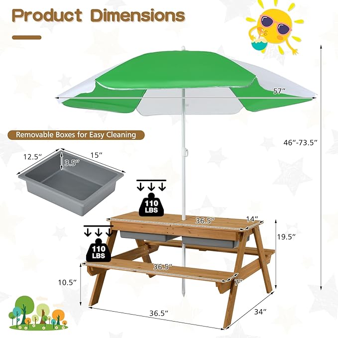 Costzon Kids Picnic Table with Sensory Bins, 4 in 1 Sand and Water Table with Height Adjustable Umbrella, Removable Tabletop for Outdoor Backyard Patio Play