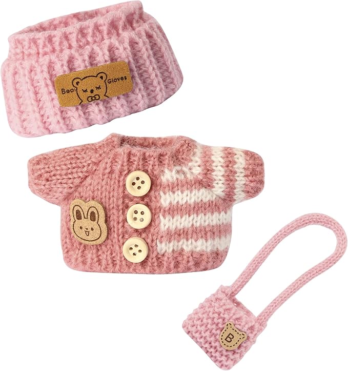 17cm Doll Clothing for Labubu - Kawaii Chic Style Set for 17cm Dolls, Cute Doll Outfit with Accessories -Button Up Stripe Pink Sweater + Pink Hat + Pink Bag (Clothes Only)