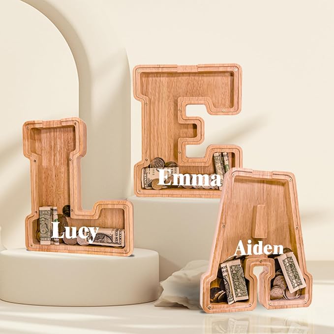 Wooden Letter Piggy Bank for Kids Larger Alphabet Letter Bank for Boys Initial Coin Bank Personalized Piggy Bank Wood Money Save Box for Birthday and Festival-Upgrade 9"" B Piggy Bank