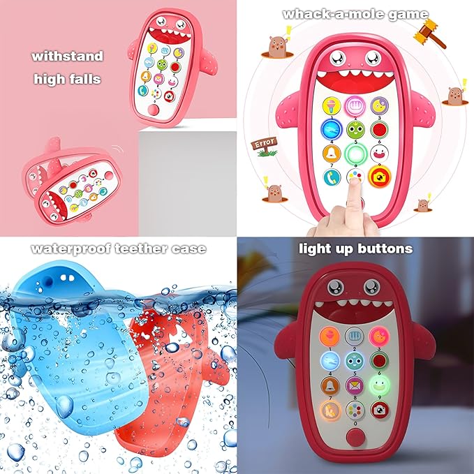 Baby Shark Cell Phone Toy Removable Teether Case, Light, Music & Adjustable Volume Kids Play & Learn Fake Phone Infant Toddler, Preschool Holiday Birthday Presnet for Girl Boy 12 Months (Red)