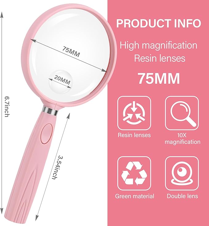 Feosky Handheld Reading Magnifier, 10X 30X Magnifier, 75mm Shatterproof Lens, Non-Slip Handle for Adults Close Work, Seniors Reading and Kids Nature Exploration, Hobby Observation(Pink)