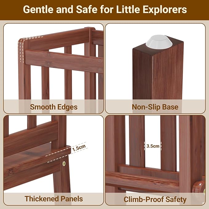 COSYLAND Toddler Kitchen Stool Helper – Stable A-Frame Design Kids Kitchen Step Stool with Protective Crossbar – Wooden Toddler Standing Tower for Learning in Bathroom (Brown)