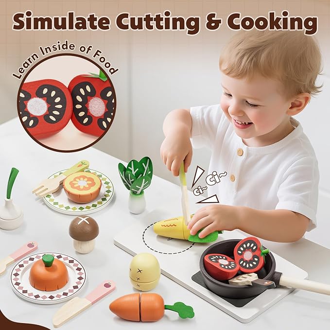 Wooden Play Food Sets for Kids Kitchen, Farm to Table, Play Kitchen Accessories Cutting Vegetables Toy, Pretend Play Food Cooking Games, Learning Resources Food for Kids 3+
