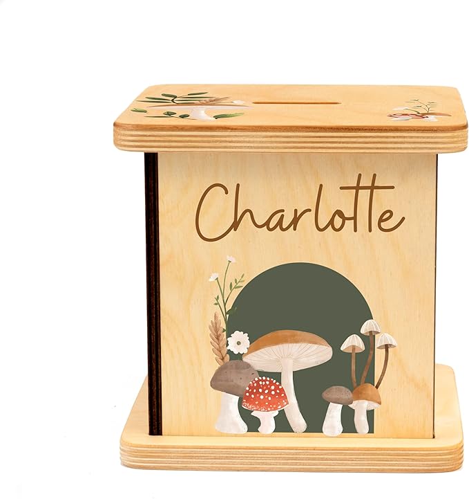 Wooden Piggy Bank for Kids and Adults, Personalized Gift Handmade in USA by BloomOwl, Custom Piggy Bank, Personalized Banks for Kids, Gifts for Baby Boys and Girls (Mushroom)