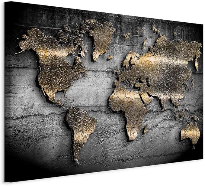 artgeist Canvas Wall Art Print World map 35x24 in - 1pcs Home Decor Framed Stretched Picture Photo Painting Artwork Image Prints map Continents Modern Art Black Gold Abstract k-A-0498-b-a