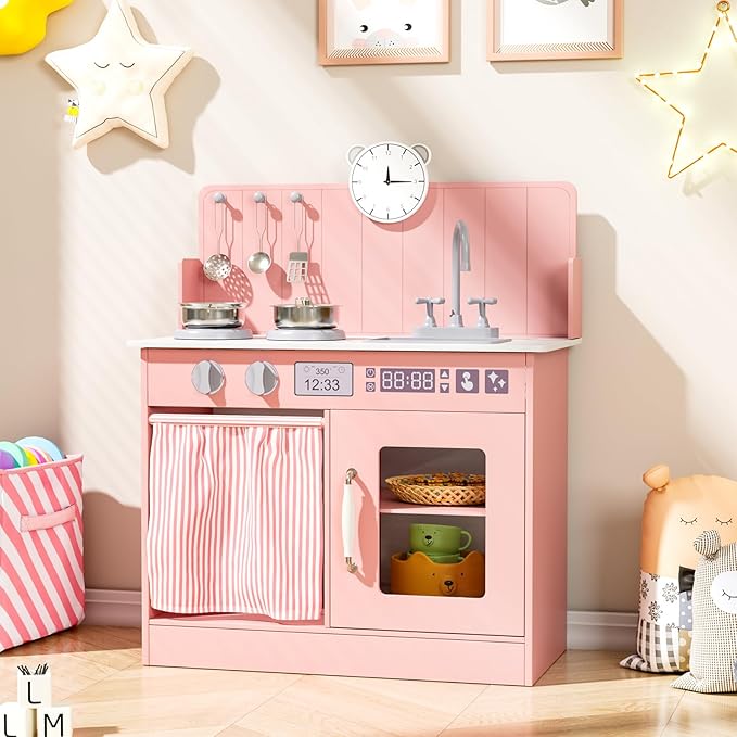MAMIZO Kids Kitchen Playset with Ample Storage, Interactive Play Kitchen with Simulated Gas Cooker, Clicking Knobs, Sink, Faucet, 6 Pcs Cookware, Educational Clock for Toddlers (Pink)