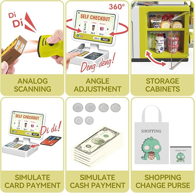 Cash Register Playset for Kids - 48PCS Pretend Play Money, Calculator, Scanner, Credit Card and Play Food for Boys and Girls Ages 3+ (668-124)