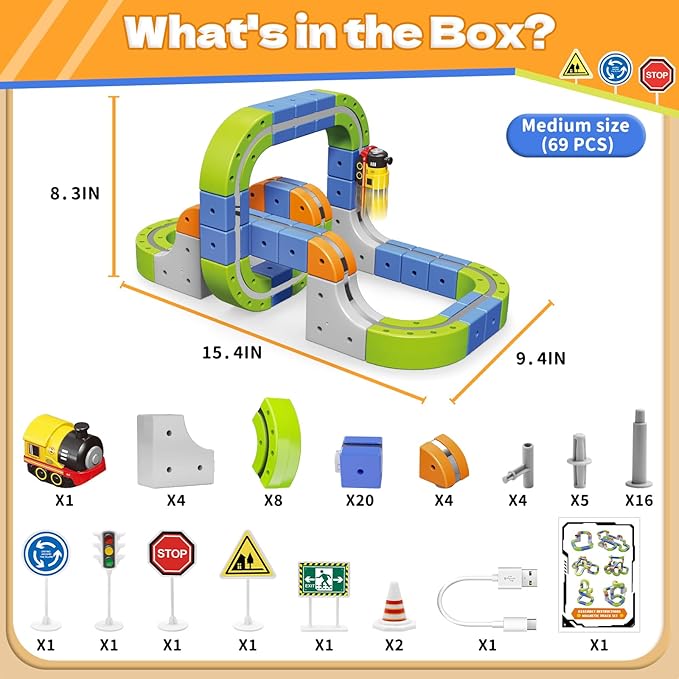 Magnetic Track Car Toys, 69PCS Flexible Race Car Track Sets for Toddlers with Electric Train, Traffic Signs, Kids Train Set Toys for 3 4 5 6 7 8 Year Old Boys Girls Birthday Party Gift-Medium