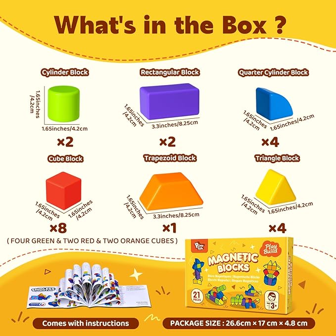 Magnetic Blocks with Multiple Shapes, 1.65 inch Large Magnetic Building Cubes for Kids, Sensory Montessori Stacking Toys for Boys & Girls Ages 3 4 5 6 (21pcs)