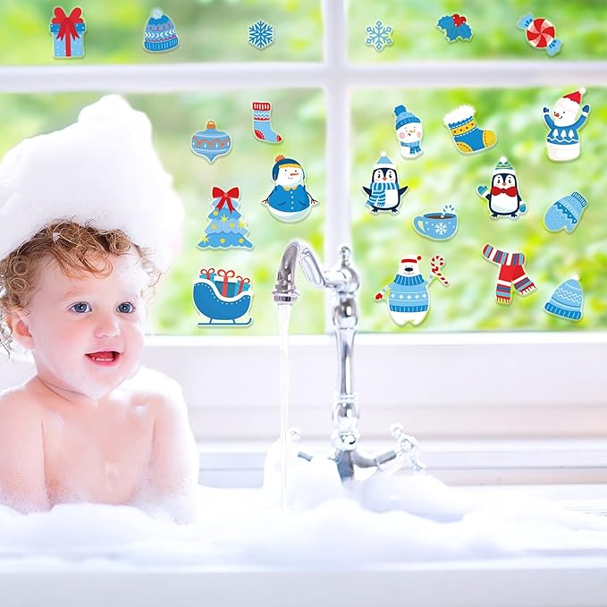 Tevxj 40 PCS Winter Thick Gel Clings Winter Christmas Window Gel Clings Decals Stickers for Kids Toddlers and Adults Home Airplane Classroom Nursery Winter Holiday Party Supplies Decorations