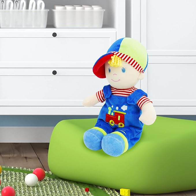 June Garden 13.5" Soft Dolly Ben - Stuffed Soft Baby Boy Doll for Birth and Up - Blue Outfit