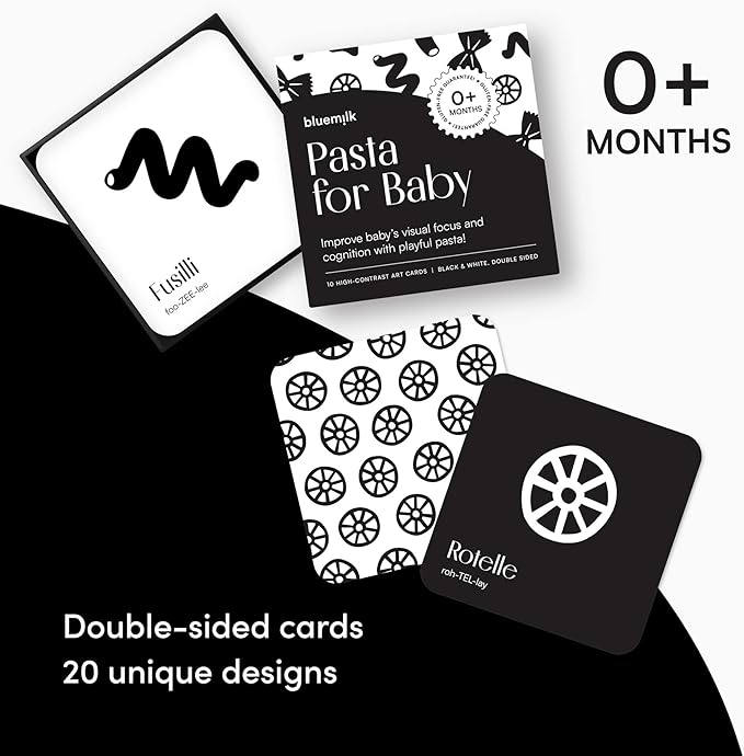 Pasta for Baby High Contrast Cards Sensory Toy Learning Activity Large Black and White Flash Cards Newborn Tummy Time Play 0+ Months Infant Essentials Curious Baby Activity Gift Set