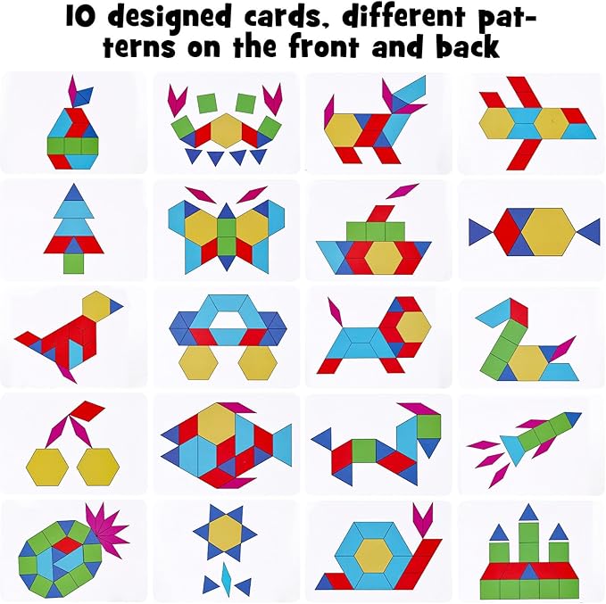 3 otters Wooden Pattern Blocks Shapes for Kids, Geometric Tangram Puzzle with Activity Cards, 150 PCS Educational Toy