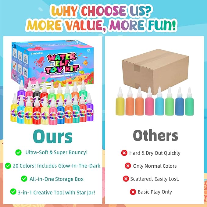 Magic Water Elf Toy Kit– 20 Magic Gels (2 Glow-in-The-Dark) & 18 Sea Creature Molds, DIY Aqua Fairy Water Gel Crafts Toy, Make Water Pets & Squishy Figures, Fun Birthday Gift for Kids Ages 3+