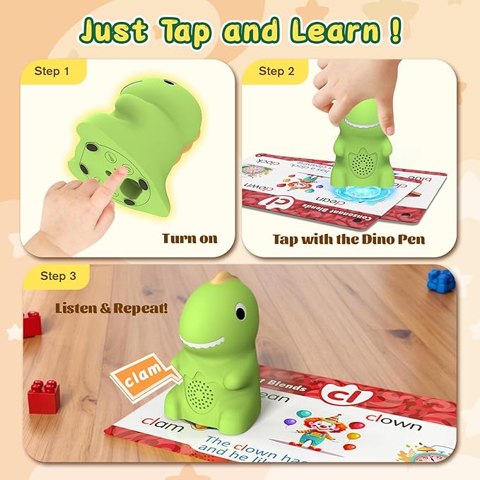 HOMESTEC Talking Phonics Flash Cards with Dino Reader Pen, Learn to Read for Kids Ages 3-6, Ideal for Kindergarten Reading Games, Homeschool, Speech Therapy, and Learning Activities Use