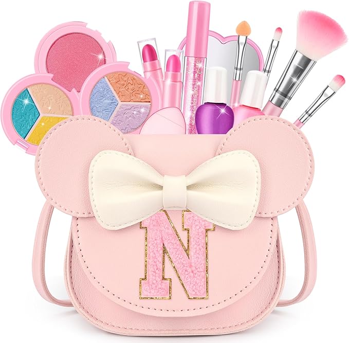 Kids Makeup Kit for Girls - 15 Pcs Real Washable Make Up Set - Non Toxic Toddlers Cosmetic with Letter Mouse Ear Purse - Dress up Birthday Gifts for 3 4 5 6 7 8 Years Old Girls - N