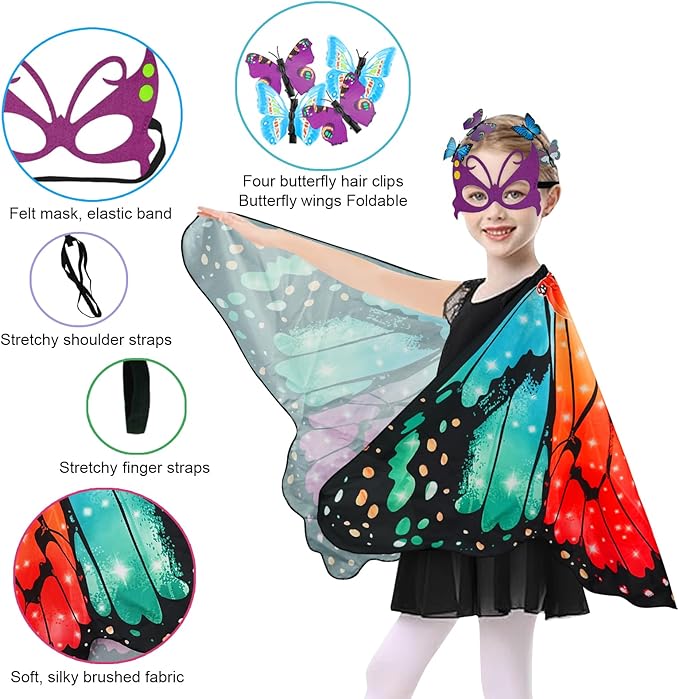 Butterfly Costume for Girls Fairy Wings Kids 4 Pcs(Cape,Skirts,Masks,Hair Clips) Butterfly Wings for Halloween Gifts