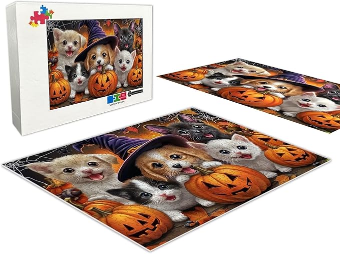 Adult Wooden Puzzles for Halloween Cats and Dogs, Chunky and Sturdy Puzzles - Exquisite Design -35 Pieces - Ideal for Relaxation and Entertainment