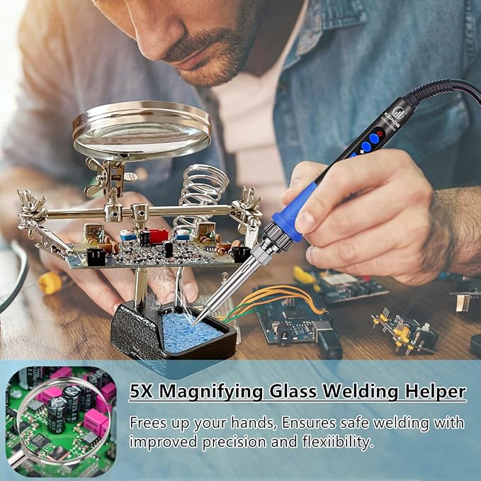 Soldering Iron Kit, 100W High-Power LCD Digital Soldering Iron, Circuit Board Repair Soldering Kit with Magnifying Glass Helping Hands, Adjustable Temperature Solder Welding Tools