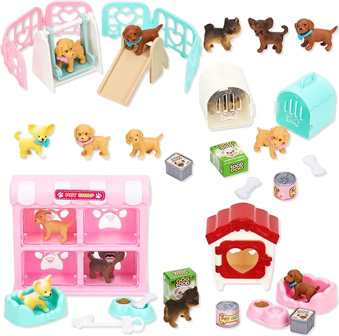 TQQFUN 32 PCS Dog Figures Play Set, Pet Care Center Pretend Play Set with Realistic Puppy Toys, Educational Gifts for Girls and Boys Ages 3 4 5 6