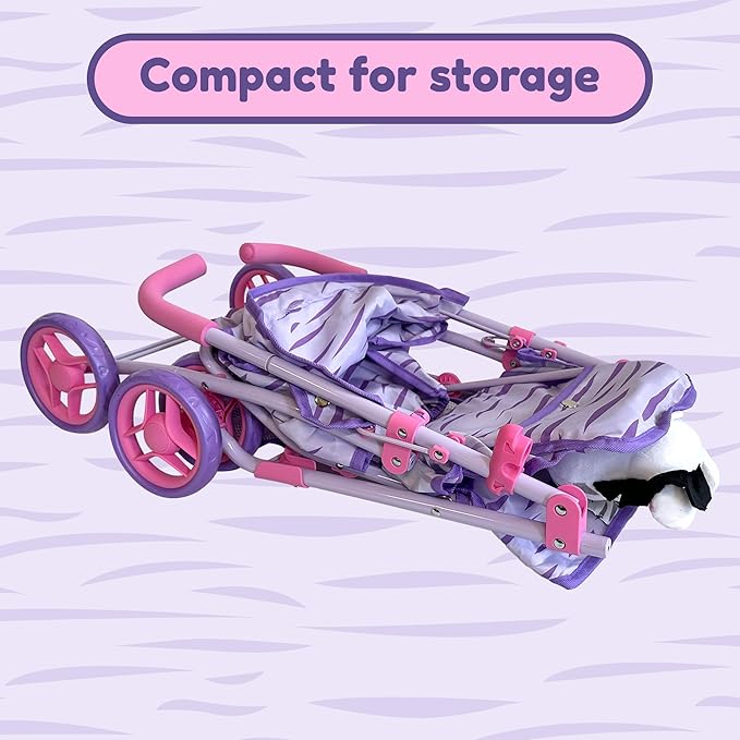 Baby Doll Stroller for Toddlers 1-3, Pillow Animal Toy Baby Stoller for Dolls, Pink & Purple Folding Baby Toy Stroller for Dolls, Foldable Stroller for Girls, for Kids (Zebra)
