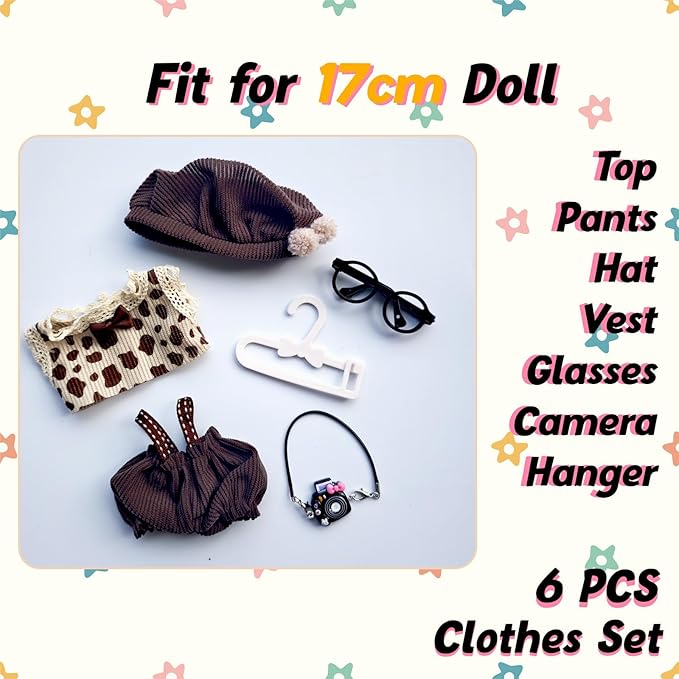 17cm Doll Clothes Set, Cute Boy Outfits and Glasses, 6 PCS Cute Hat & Overalls Set Stylish Outfits Exquisite Accessories