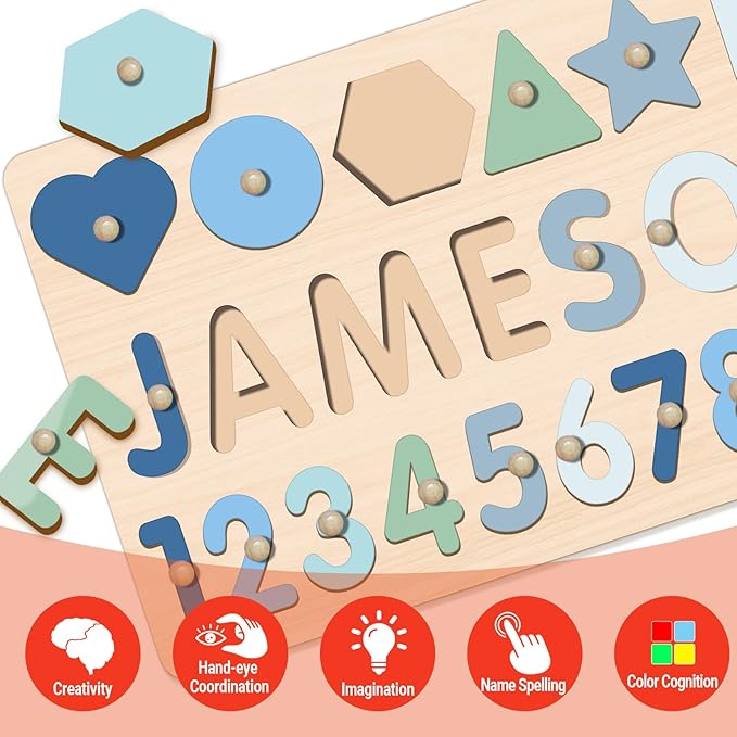 Name Puzzle for Kids Personalized, 1st Birthday Girl and Boy,Custom Baby Easter Gifts with Engraved Text on Back, Montessori Learning Toys for Boy & Girl (Pink Gradient)