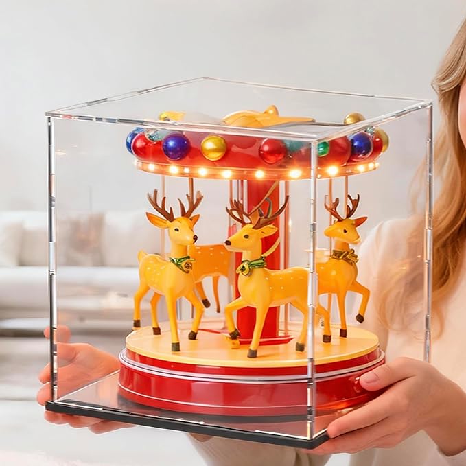 12 Inch Clear Acrylic Display Case, Cube Acrylic Box for Collectibles Showcase, Plexiglass Case with Matt Black Stand for Toys, Arts and Figures