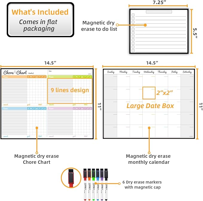 Magnetic Dry Erase Chore Chart and Calendar Bundle for Fridge - Chore Chart for Multiple Kids,Monthly Calendar,One Bonus to-do Whiteboard and 6 Extra Fine Tips Markers Included!