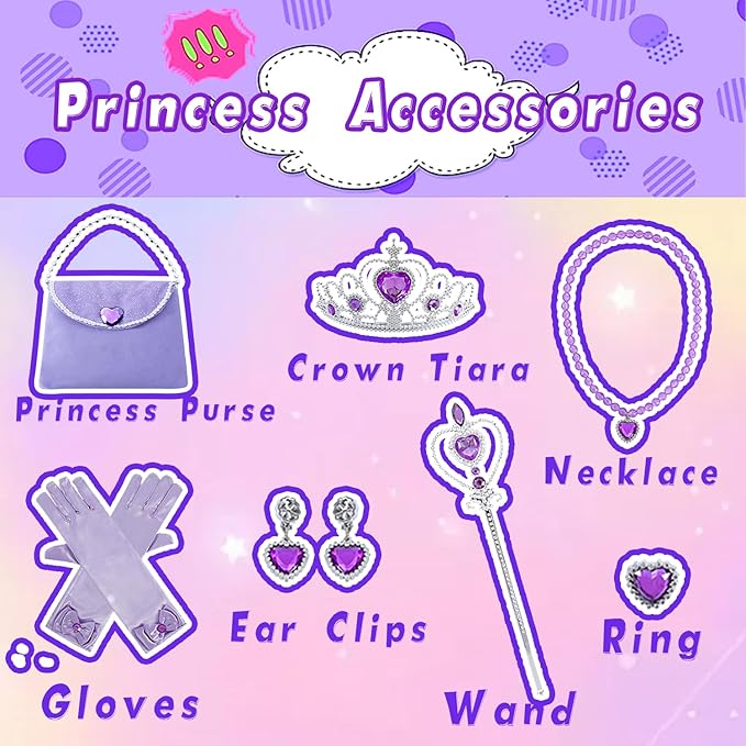 Princess Cape Set for Little Girl, 11PCS Princess Dress Up Clothes Cape Clock with Skirt for Girl 3-8 Birthday Gift