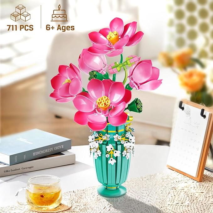 Flower Bouquet Building Set with Vase - 711 PCS Artificial Flower Building Block Toy, Fake Indoor Flower for Home Office Decor Table Display, Christmas Anniversary Birthday Gifts for Adults Women