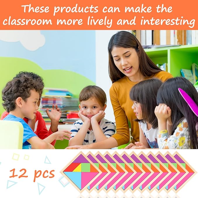 Meooeck 12 Pack Tangrams Wooden Puzzles Tangrams Classroom Set for Kids Shape Puzzles Brain Logic Blocks for Games Educational Gifts for Adults Kids Ages 4-8 8-12(Classic Style)