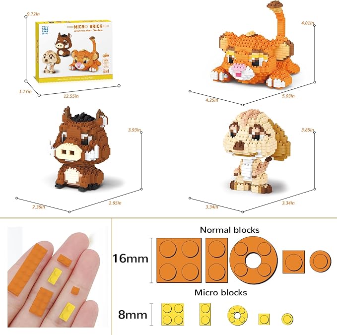 Lion, Warthog, Meerkat Mini Building Blocks Sets, Not Compatible with Lego Animals, 1856 PCS Micro Mini Building Toy Bricks for Adults, Party Favors for Kids Boys Girls 14+