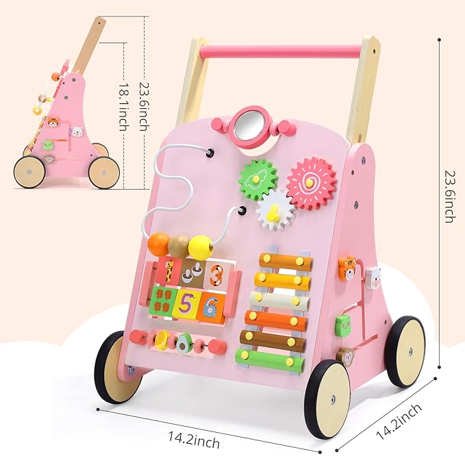 CUTE STONE Wooden Baby Walker, Montessori-Style Push Walker with Activity Center, Adjustable Height, Push Toys for Toddler Development, First Birthday Gift for Kids Pink