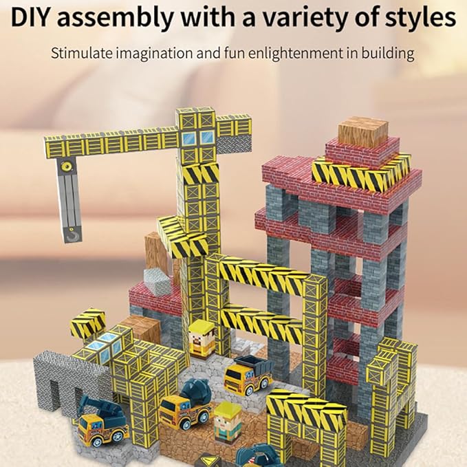 Magnetic Construction Building Blocks Set, 136PCS Tile with 4 Toy Trucks, Education STEM Consrtuction Site Theme Toy for Age 3-5, 6 7 8 9 10 (Construction Set)