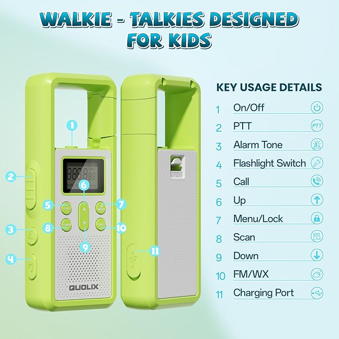 QUOLIX Walkie Talkies for Kids Rechargeable, Kids Walkie Talkies with NOAA & VOX, 1020mAh Battery Toys for 3-12 Year Old Boys Girls, Durable Outdoor Gift for Camping, Hiking, Backyard Games (2 Pack)