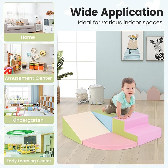 Costzon Climbing Toys for Toddlers, 4 Pieces Climb and Crawl Foam Kids Building Blocks for Children Development & Indoor Active Play, Soft Play Set for Newborn Infant Baby (Light Green & Blue & Pink)