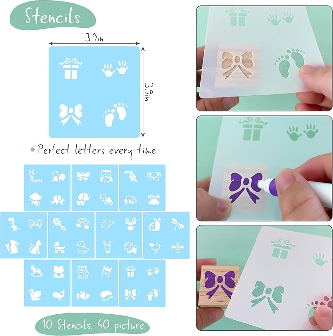 146 Pcs Baby Shower Game Sign Set Includes Decorative Square 56 DIY Blank Wooden Blocks 24 Paint Markers 27 Page Baby‘s First ABC Book (Flower)