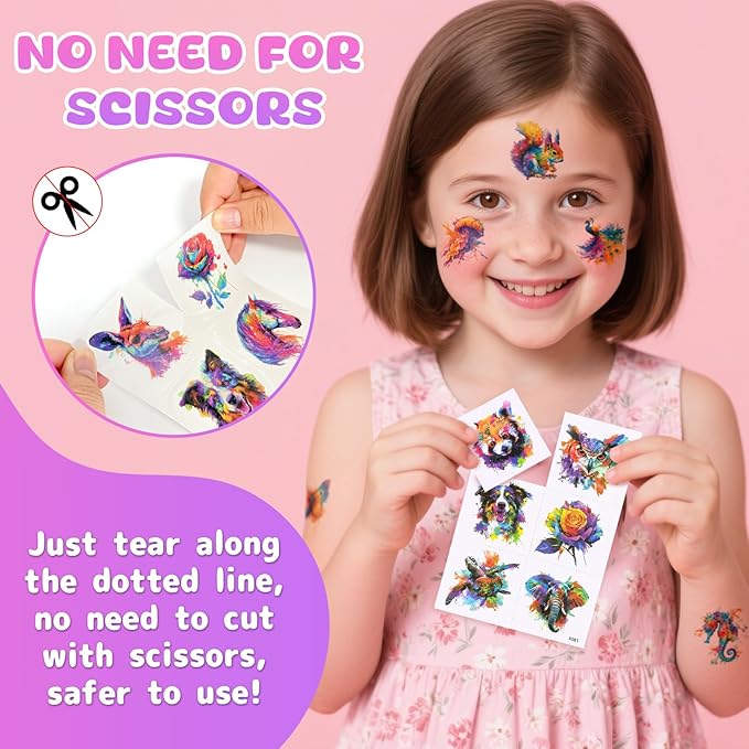 Aresvns Watercolor Cute Animals Temporary Tattoos for Kids, 117 Patterns Kwaii Lion Dog Wolf Owl Butterfly Tattoo for Girls Boy Tiny Tattoo for Birthday Party Decoration Supplies Summer Accessories
