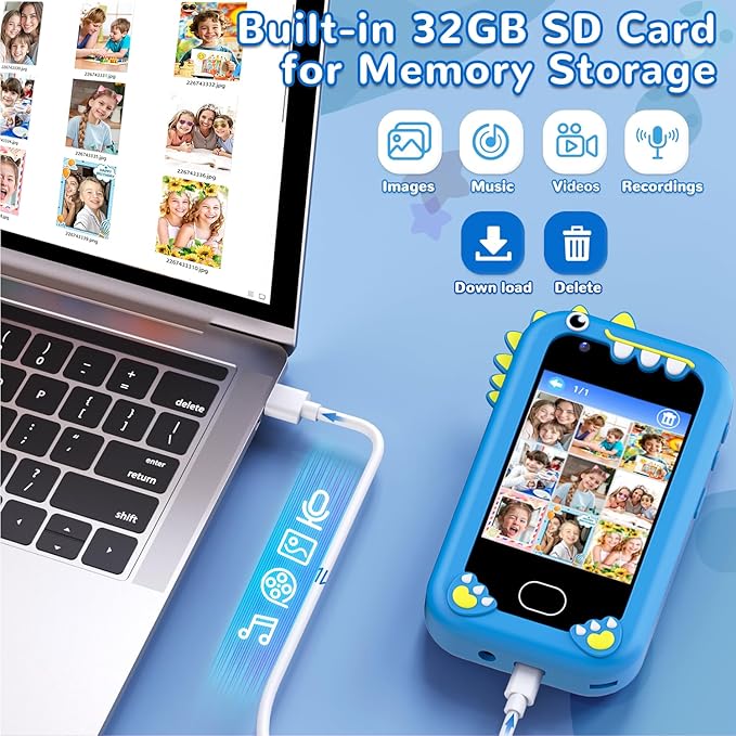 Lapare Kids Phone for Boys, Touchscreen Toy Phone with Dual Camera, Music & Games, Pretend Learning Toy Phone for Toddler with 32GB SD Card