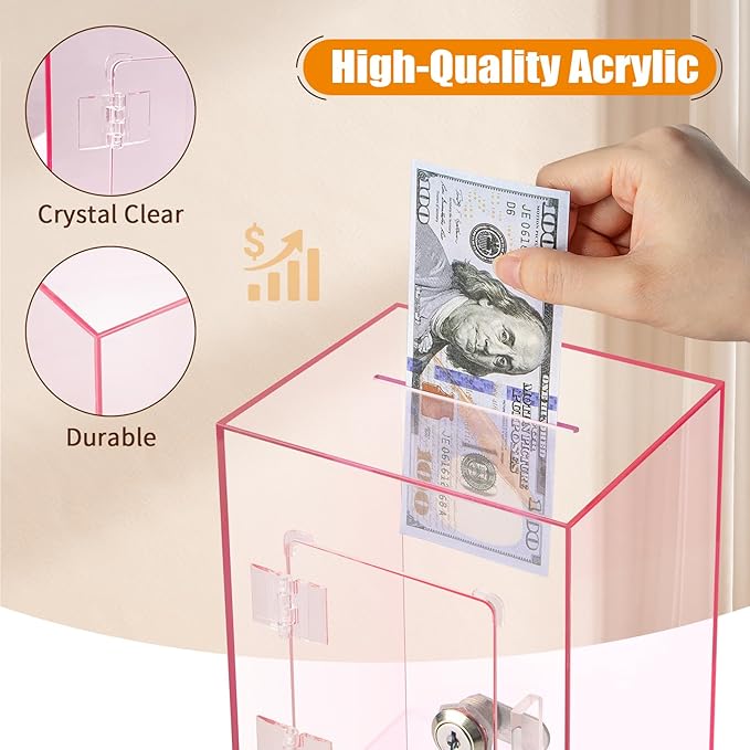 Hicocool Clear Piggy Bank with Lock, Acrylic Piggy Bank for Adults Kids Openable, Reusable Money Saving Box with Key for Birthday (Pink)