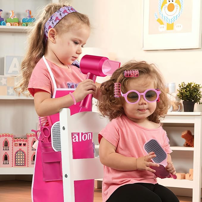G.C Girls Hair Salon Toys Kids Pretend Play Hair Styling Kit with Realistic Blow Dryer Straightener Stylist Apron Scissors Accessories Beauty Makeup Set Birthday Gifts for Toddler Girls 3 4 5 6+