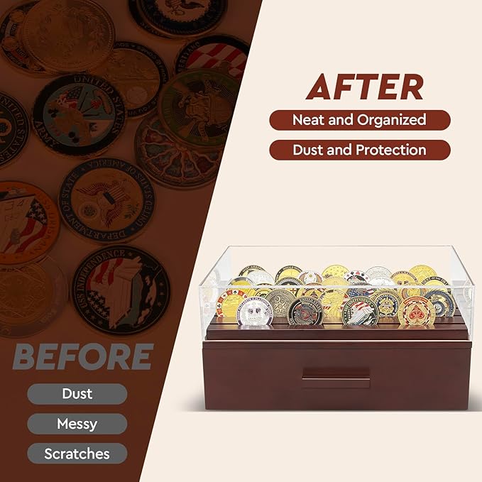 Challenge Coin Display Case, Military Coin Collection Holder with Wooden Coin Box, Drawers, and Clear Acrylic Lid – Gifts for Coins Collectors (6 Rows)