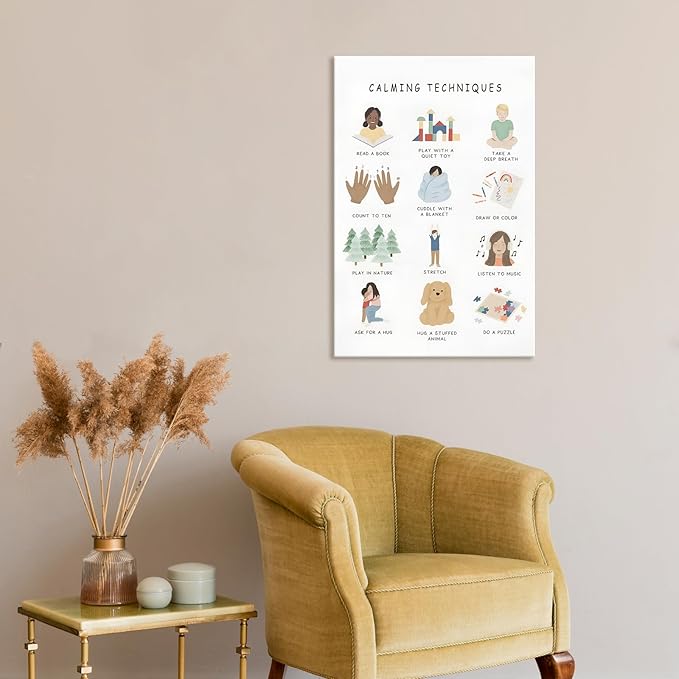 Feelings Calming Techniques Canvas Wall Art Calming Corner Classroom Mental health Posters Boho Emotions Chart for Kids Prints Special Education Wall Decor for Office School 20x30in Framed