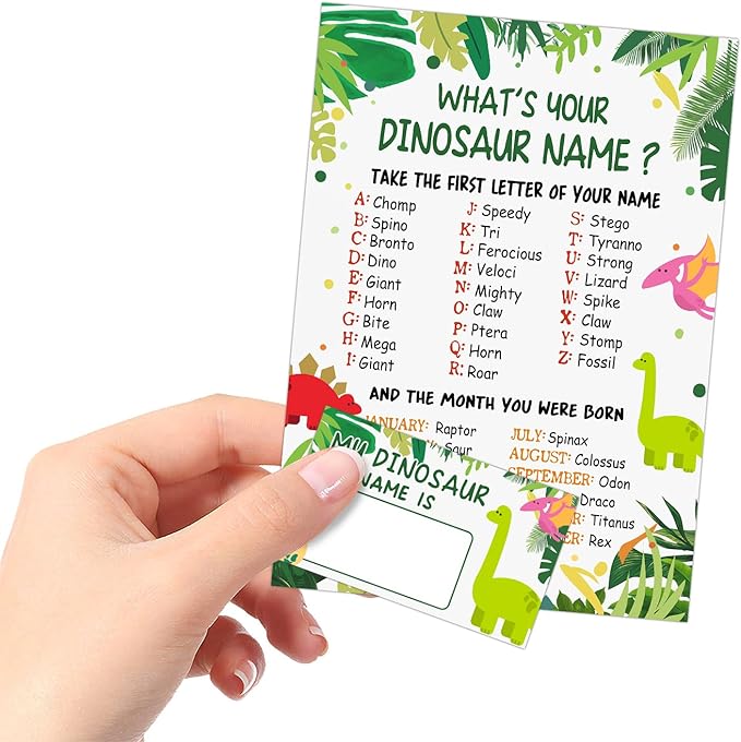 What is Your Dinosaur Name Game, Game Sign and 30 Cards, Dinosaur Birthday Party Sign for Boys and Girls, Holiday Activity, Kids Dinosaur Activity Cards, Dinosaur Activity Decoration Supplies
