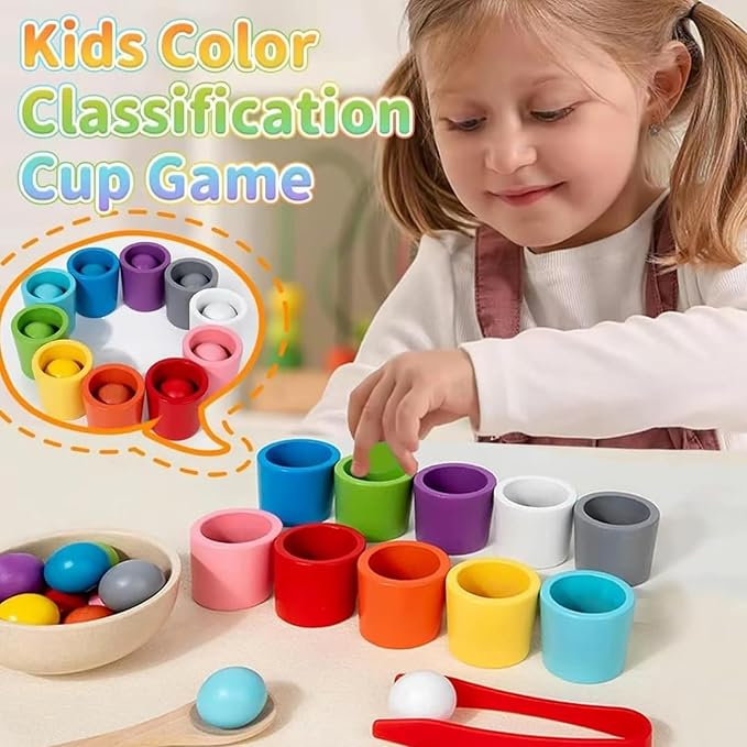 Rainbow Balls in Cups Toddler Toys, Kids Color Classification Cup Game, 10 Color Classification Beads, Wooden Colors Sorting Toy with 10 Ball, Learning Colors Sorting and Counting(10 Color)