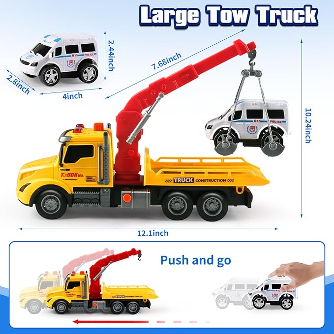 Toddler Boy Toys,Tow Truck Toy for 3 4 5 6 7 Year Old Boys,Friction‑Powered Rescue Tow Truck with Lights and Sounds,Birthday Gifts for Boys & Girls
