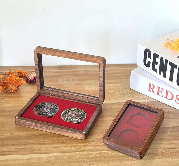 Challenge Coin Display Case Single Coin Display Box Two 1.81" Coin Holder Walnut Wood Coin Box Silver Dollar Coins Storage Box, Coins for Collectors with DIY Adjustable Gasket (Red 1.8")