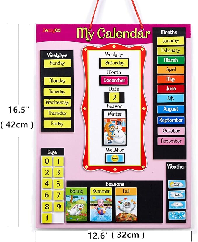 ZazzyKid Magnetic Calendar & Weather Chart for Kids - Preschool Daily Calendar Learning for Days of the Week, Months, Weather & Season Pink